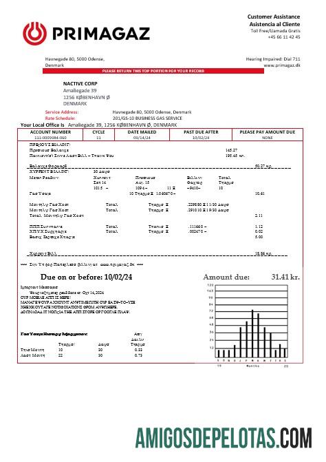 Dinamarca Primagaz Dinamarca Conta de serviços públicos de gás em formatos Word e PDF baixar para verificação